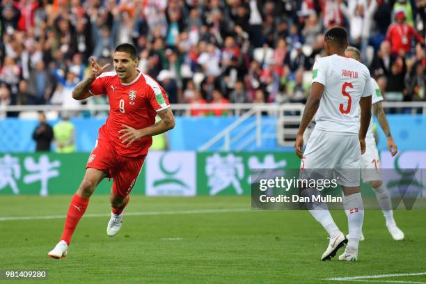 Aleksandar Mitrovic of Serbia celebrates after scoring his team's first goal during the 2018 FIFA World Cup Russia group E match between Serbia and...