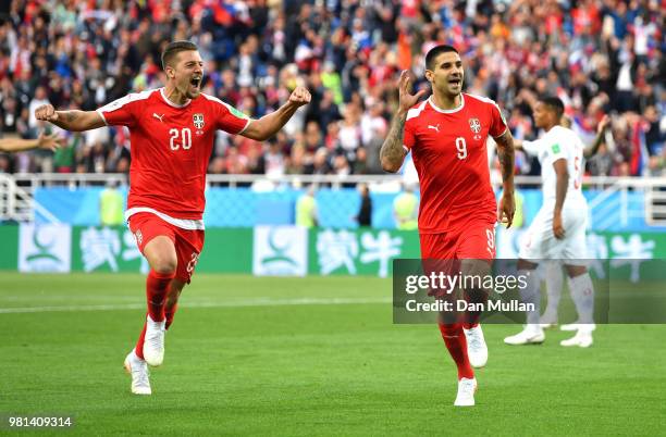 Aleksandar Mitrovic of Serbia celebrates after scoring his team's first goal during the 2018 FIFA World Cup Russia group E match between Serbia and...