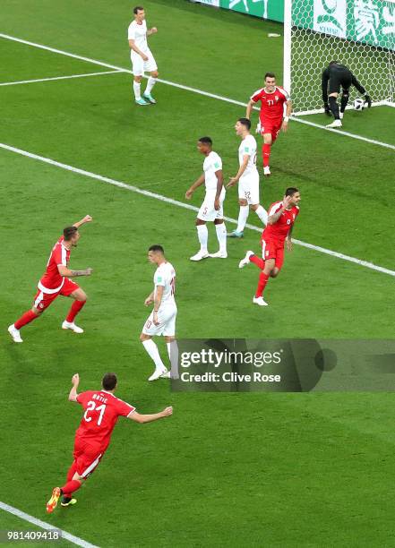 Aleksandar Mitrovic of Serbia celebrates after scoring his team's first goal during the 2018 FIFA World Cup Russia group E match between Serbia and...