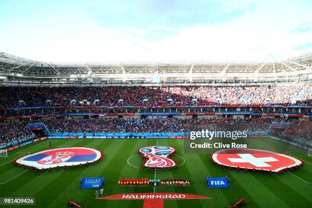 Serbia and Switzerland line up prior to the 2018 FIFA World Cup Russia group E match between Serbia and Switzerland at Kaliningrad Stadium on June...