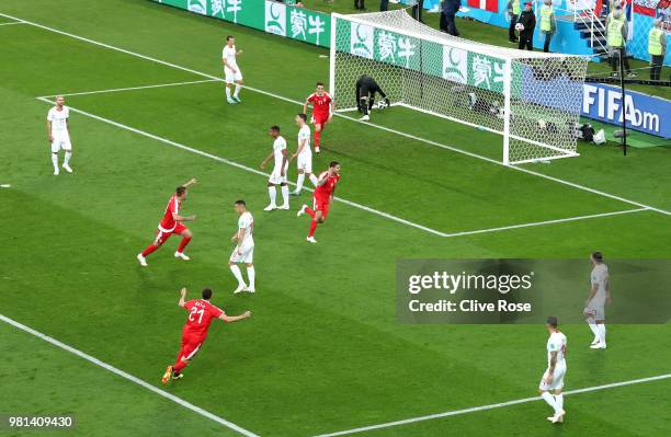 Aleksandar Mitrovic of Serbia celebrates after scoring his team's first goal during the 2018 FIFA World Cup Russia group E match between Serbia and...