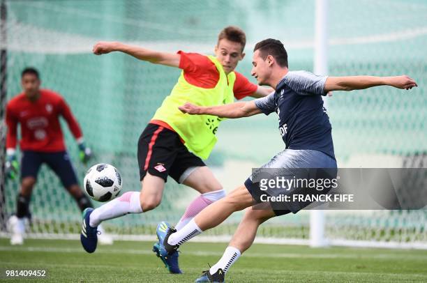France's forward Florian Thauvin plays the ball during a friendly football match against a selection of 19-year-old players from Spartak Moscow at...