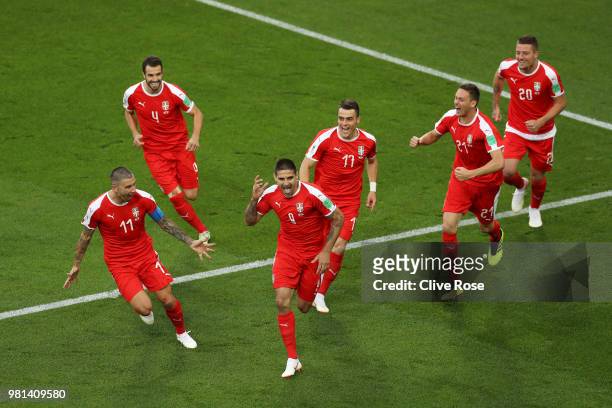 Aleksandar Mitrovic of Serbia celebrates with teammates after scoring his team's first goal during the 2018 FIFA World Cup Russia group E match...