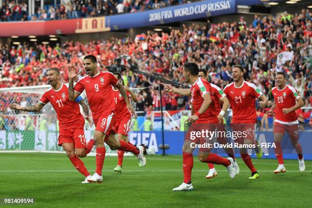 Aleksandar Mitrovic of Serbia celebrates with teammates after scoring his team's first goal during the 2018 FIFA World Cup Russia group E match...