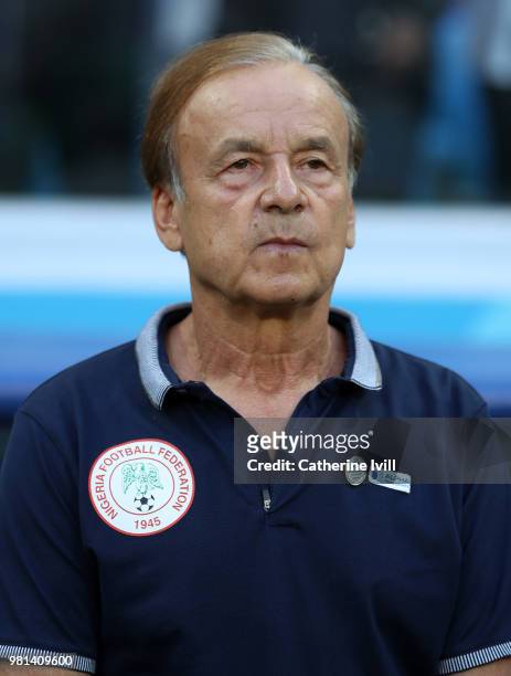 Gernot Rohr of Nigeria before the 2018 FIFA World Cup Russia group D match between Nigeria and Iceland at Volgograd Arena on June 22, 2018 in...