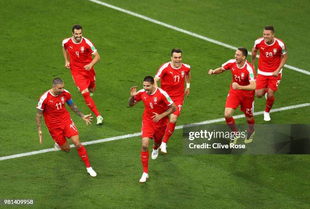 Aleksandar Mitrovic of Serbia celebrates with teammates after scoring his team's first goal during the 2018 FIFA World Cup Russia group E match...