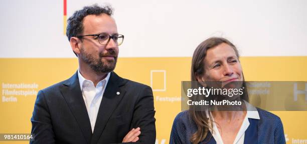 Former Italian director of Locarno Film Festival Carlo Chatrian and Dutch Mariette Rissenbeek are pictured during a press conference in Berlin,...