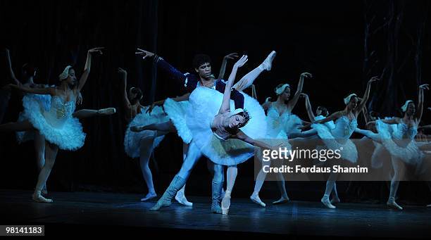 Carlos Acosta and perrformers of Swan Lake on stage during a photocall for Swan Lake performed by the Ballet Nacional De Cuba on March 30, 2010 in...