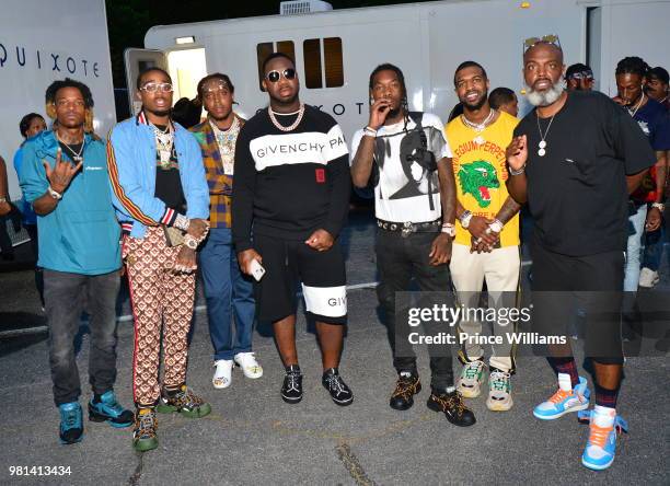 Mango Foo, Quavo, Takeoff, Pierre Thomas, Offset, Rel and Kevin Lee attend Birthday Bash 2018 at Cellairis Amphitheatre at Lakewood on June 16, 2018...