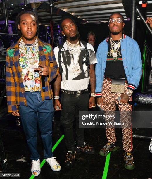 Takeoff, Quavo and Offset Members of the Group Migos attend Birthday Bash 2018 at Cellairis Amphitheatre at Lakewood on June 16, 2018 in Atlanta,...