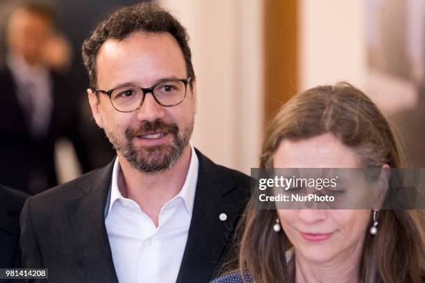 Former Italian director of Locarno Film Festival Carlo Chatrian and Dutch Mariette Rissenbeek arrive to a press conference in Berlin, Germany on June...