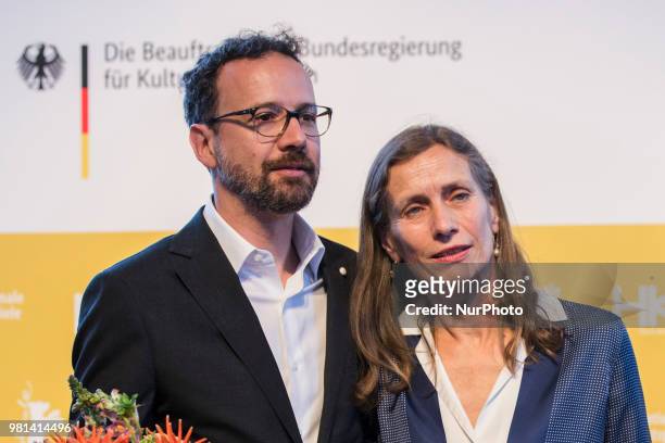 Former Italian director of Locarno Film Festival Carlo Chatrian and Dutch Mariette Rissenbeek are pictured during a press conference in Berlin,...