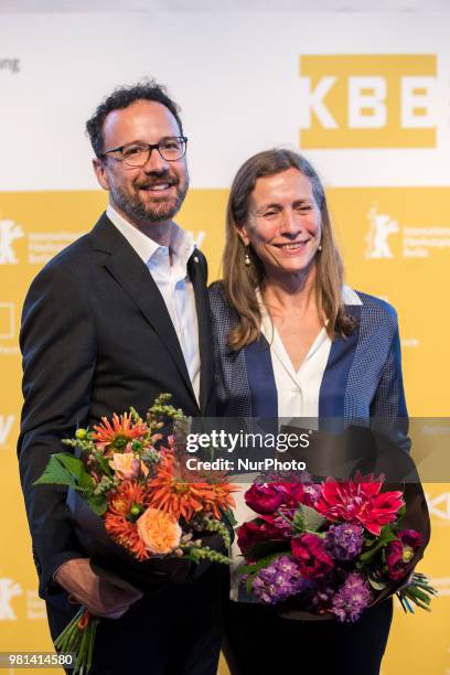 Former Italian director of Locarno Film Festival Carlo Chatrian and Dutch Mariette Rissenbeek are pictured during a press conference in Berlin,...