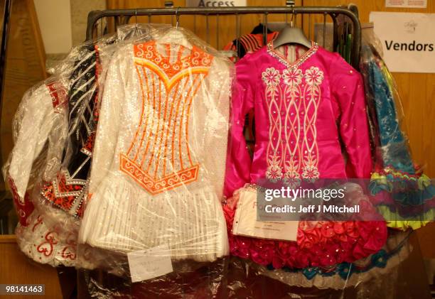 Dresses for sale are displayed at the World Irish Dance Championships on March 30, 2010 in Glasgow, Scotland. As many as 4,500 dancers from 32...