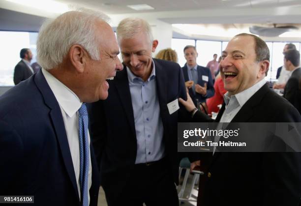 President of the Dallas Stars Jim Lites, CEO of At Home Lee Bird and NHL commissioner Gary Bettman attend the Coffee with the Commissioner event at...