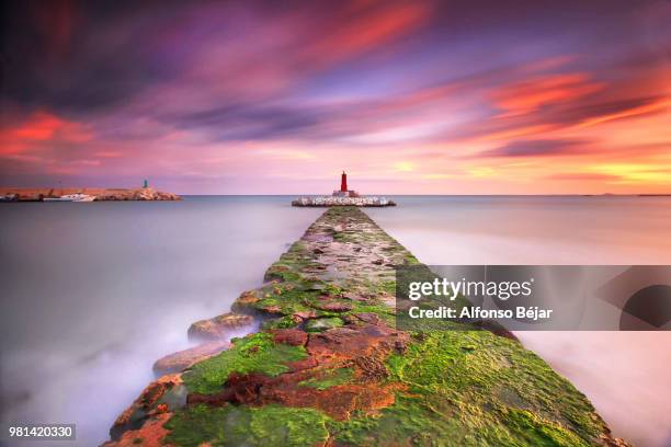 lighthouse on jetty at sunset, la vila, faro, portugal - distrito de faro portugal fotografías e imágenes de stock