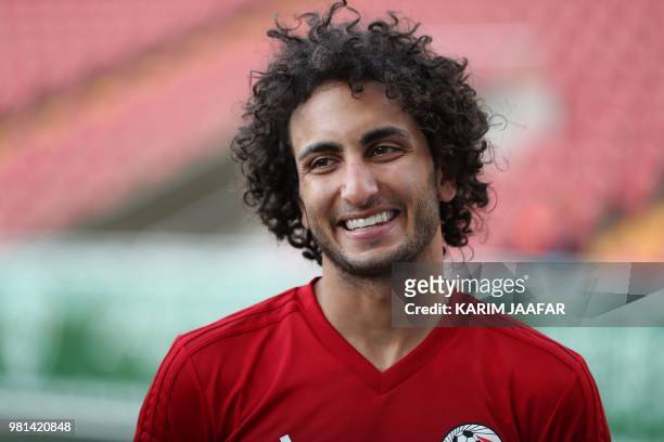 Egypt's midfielder Amr Warda speaks to the press during a training session at the Akhmat Arena stadium in Grozny, on June 22, 2018 during the Russia...