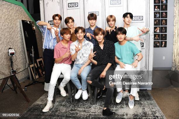 Band members Johnny, Mark, Jaehyun, Yuta, Doyung and Haechan, Win Win, Taeyong, Taeil visit Build Series to discuss KCON at Build Studio on June 22,...