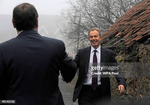 Former Prime Minister Tony Blair is greeted by Labour MP for Sedgefield, Phil Wilson before addressing Labour Party members at the Trimdon Labour...