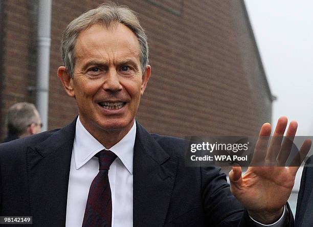 Former Prime Minister Tony Blair gestures as he is greeted by Labour MP for Sedgefield, Phil Wilson before addressing Labour Party members at the...