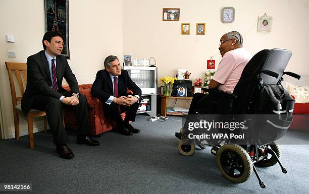Prime Minister Gordon Brown and Health Minister Andy Burnham talk to care home residents in Stockwell on March 30, 2010 in London, England. Burnham...