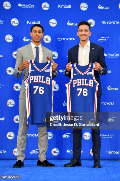 Philadelphia 76ers draft picks, Zhaire Smith and Landry Shamet, pose for a photo during a press conference on June 22, 2018 at the 76ers Training...