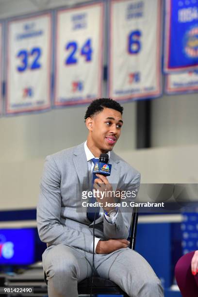 Philadelphia 76ers draft pick, Zhaire Smith, speaks to the media during a press conference on June 22, 2018 at the 76ers Training Complex in Camden,...