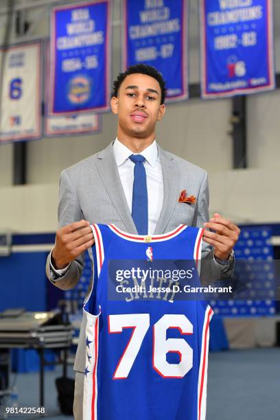 Philadelphia 76ers draft pick, Zhaire Smith, poses for a photo during a press conference on June 22, 2018 at the 76ers Training Complex in Camden,...