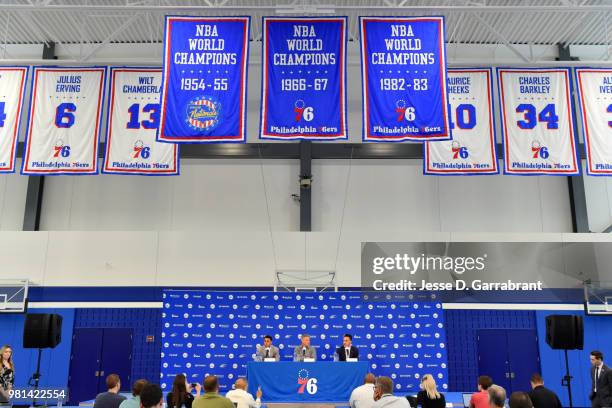 Head coach Brett Brown of the Philadelphia 76ers introduces Zhaire Smith and Landry Shamet during a press conference on June 22, 2018 at the 76ers...