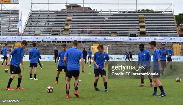 Players of FC Internazionale prior to the U16 Serie A and B Final match between FC Internazionale and Juventus FC at Stadio Bruno Benelli on June 22,...