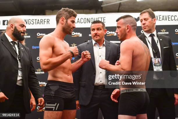 Cyril Benzaquen of France and Jeffe Florentz of France watched by French promoter Jerome Abiteboul during the weigh-in and press conference at the...