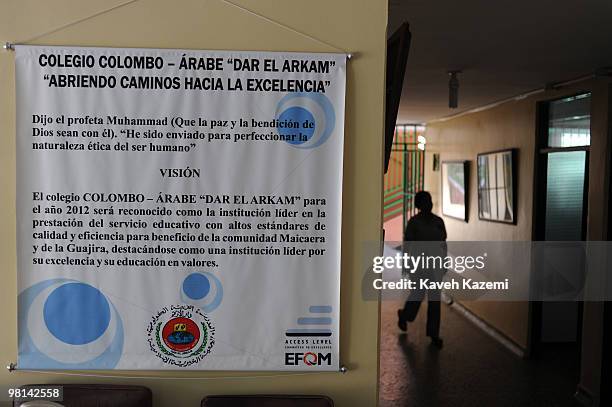 Notice board with a quote by Prophet Muhammad hangs in Dar El Akram college, funded by Lebanese migrants in Maicao. According to some reports the...