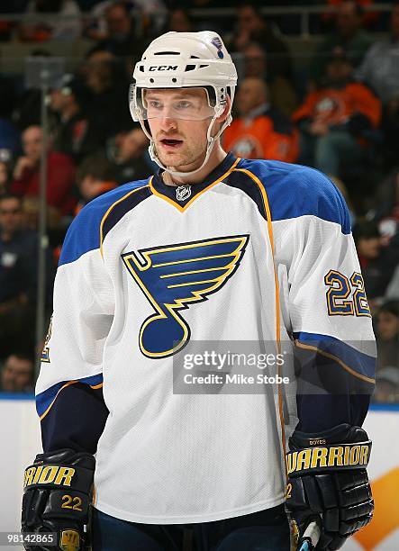 Brad Boyes of the St. Louis Blues skates against the New York Islanders on March 11, 2010 at Nassau Coliseum in Uniondale, New York. The Blues...