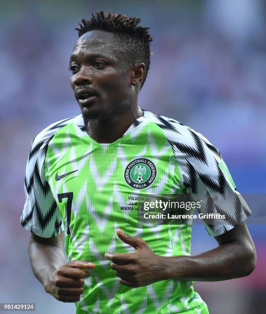 Ahmed Musa of Nigeria looks on during the 2018 FIFA World Cup Russia group D match between Nigeria and Iceland at Volgograd Arena on June 22, 2018 in...