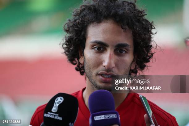 Egypt's midfielder Amr Warda speaks to the press during a training session at the Akhmat Arena stadium in Grozny, on June 22, 2018 during the Russia...