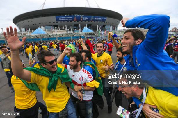 Brazil fans enjoy the pre match atmosphere prior to the 2018 FIFA World Cup match, first stage - Group E between Brazil and Costa Rica at Saint...