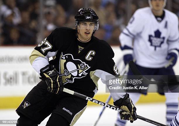 Sidney Crosby of the Pittsburgh Penguins skates against the Toronto Maple Leafs at Mellon Arena on March 28, 2010 in Pittsburgh, Pennsylvania. The...