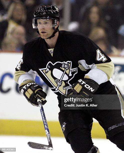 Jordan Leopold of the Pittsburgh Penguins skates against the Toronto Maple Leafs at Mellon Arena on March 28, 2010 in Pittsburgh, Pennsylvania. The...