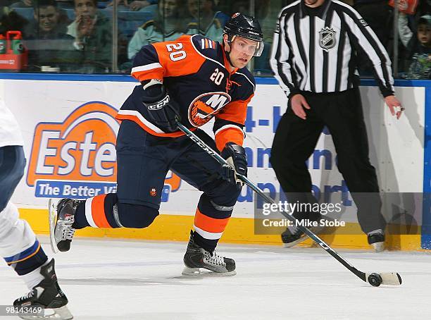 Sean Bergenheim of the New York Islanders skates against the St. Louis Blues on March 11, 2010 at Nassau Coliseum in Uniondale, New York. The Blues...