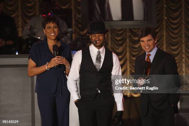 Robin Roberts, Usher, and George Stephanopoulos visits ABC's "Good Morning America" at the Nokia Theatre on March 30, 2010 in New York City.