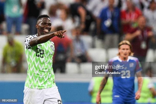 Kenneth Omeruo of Nigeria celebrates after the 2018 FIFA World Cup Russia Group D match between Iceland and Nigeria at the Volgograd Arena in...