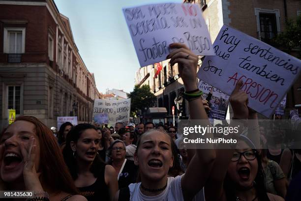 Protest after a court ordered the release on bail of 'La Manada' in Madrid on 22nd June, 2018. The Navarre Regional Court decided to provisionally...