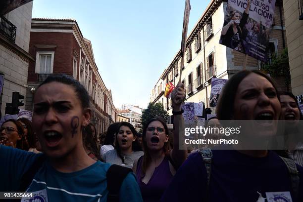 Protest after a court ordered the release on bail of 'La Manada' in Madrid on 22nd June, 2018. The Navarre Regional Court decided to provisionally...