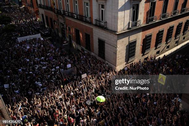 Protest after a court ordered the release on bail of 'La Manada' in Madrid on 22nd June, 2018. The Navarre Regional Court decided to provisionally...