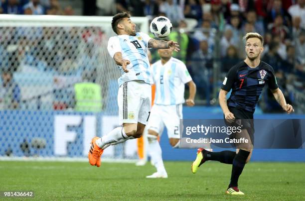 Eduardo Salvio of Argentina, Ivan Rakitic of Croatia during the 2018 FIFA World Cup Russia group D match between Argentina and Croatia at Nizhniy...