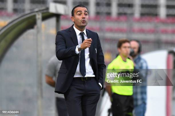Simone Barone head coach of Juventus issues instructions to his players during the U16 Serie A and B Final match between FC Internazionale and...