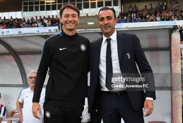 Gabriele Bonacina head coach of FC Internazionale embraces Simone Barone head coach of Juventus before the U16 Serie A and B Final match between FC...