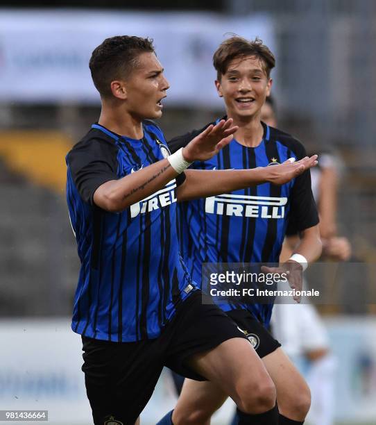 Sebastiano Esposito of FC Internazionale celebrates after scoring the opening goal during the U16 Serie A and B Final match between FC Internazionale...