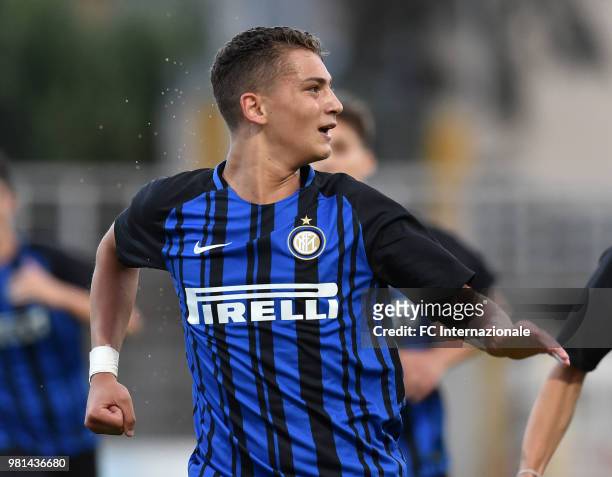 Sebastiano Esposito of FC Internazionale celebrates after scoring the opening goal during the U16 Serie A and B Final match between FC Internazionale...