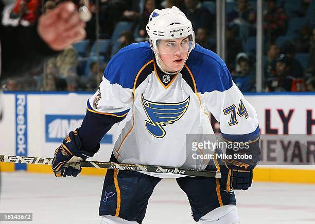 Oshie of the St. Louis Blues skates against the New York Islanders on March 11, 2010 at Nassau Coliseum in Uniondale, New York. The Blues defeated...
